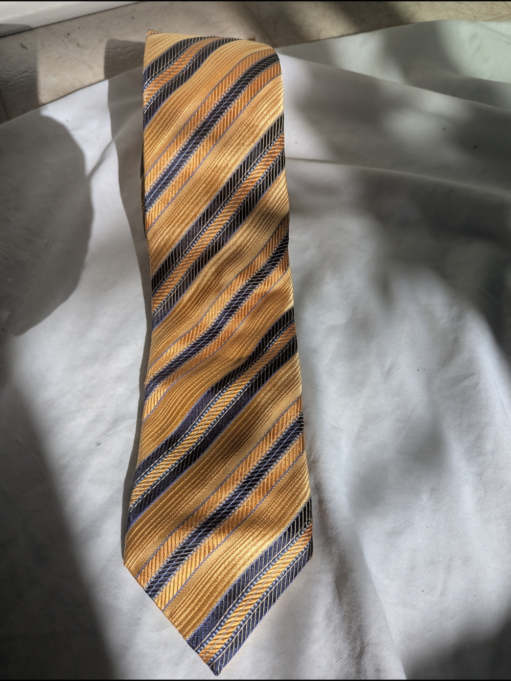 Men's Gold and Navy Striped Tie - Classic Formal Accessory Silk